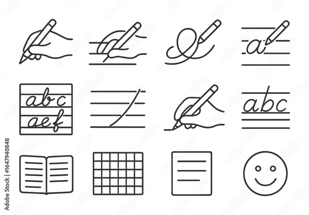 Cursive Practice Icons. Outline icon set of cursive handwriting ...