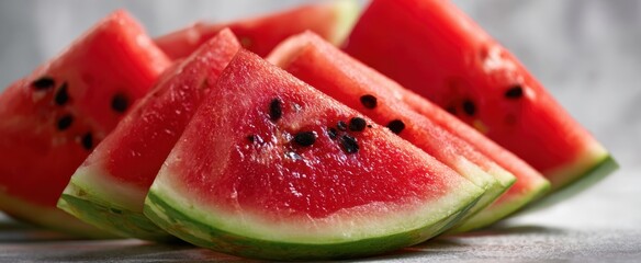 Wall Mural - The Watermelon Slices on a Neutral Surface Highlight Juicy Red Flesh and Black Seeds