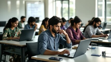 Young Indian students engaged in learning programming languages while using laptops in a university classroom, focusing on skill development