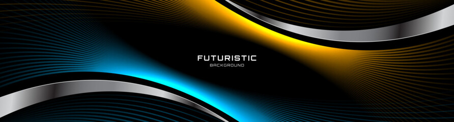 Wall Mural - 3D blue yellow lines techno abstract background overlap layer on dark space with silver waves decoration. Modern graphic design element stripes style concept for web, flyer, card, or brochure cover