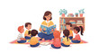 © Tomy - A teacher reading a book to a group of young children sitting on a colorful rug during a story time session