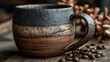 © SaroStock - Hot morning coffee in rustic mug with eucalyptus on wooden board at table