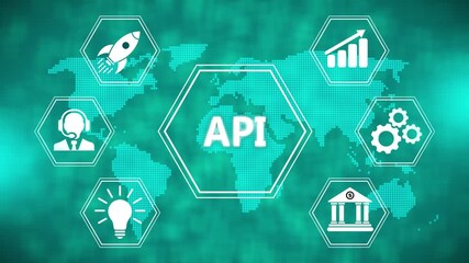 API - Application Programming Interface. Software development tool. Business, modern technology, internet and networking concept. Digital world map technology background.