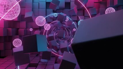 Abstract Neon Spiral: Cubes Spheres and Dynamic 3D Animation.