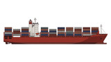 Side View Illustration of a Large Red Container Ship Loaded with Cargo ship freight ship isolated on a transparent background