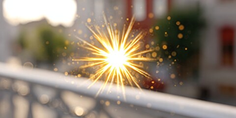 Wall Mural - Golden light overlays shimmering on the porch, creating a warm bokeh effect with radiant flares.