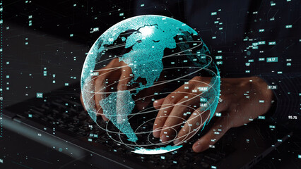 Wall Mural - illustration depicting a digital globe representing global data connectivity, with hands interacting