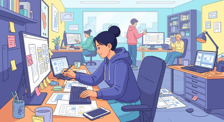 creative office environment featuring a focused app designer and collaborative team