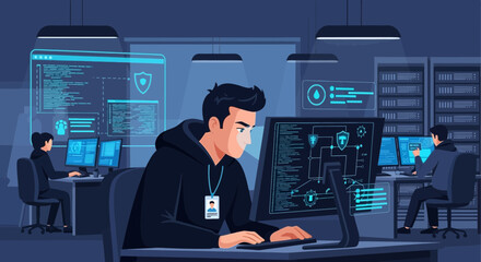 Cybersecurity experts collaborating in a digital environment, safeguarding data