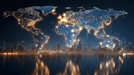 Wall Mural - a world map with cities lit up at night. scene is serene and peaceful, with the glowing cities refle
