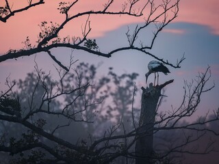 Wall Mural - stork silhouette at sunset