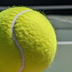 Close up macro shot of a bright yellow tennis ball for sports and recreation equipment photography