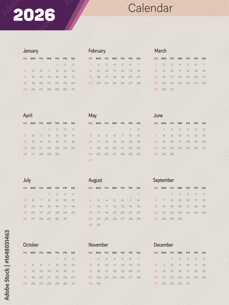 Vector design for the 2026 calendar Stock Vector | Adobe Stock