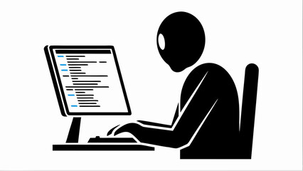 Silhouette of person working on computer displaying code with blue highlights and keyboard on desk | editable eps vectors