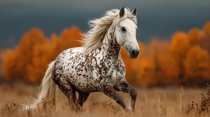 Naklejka na meble Majestic spotted horse galloping in golden autumn field under dramatic skies