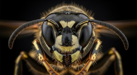 Close-up of a detailed black and yellow wasp face with intricate features