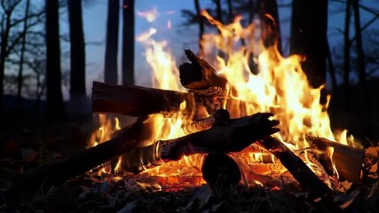 Wall Mural - Warm campfire flames rising amid dense forest woods, casting gentle orange red glow across darkening landscape during tranquil evening twilight, creating serene wilderness ambiance