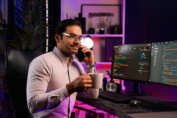 smart it developer calling to coworker with holding coffee cup solving error software development co