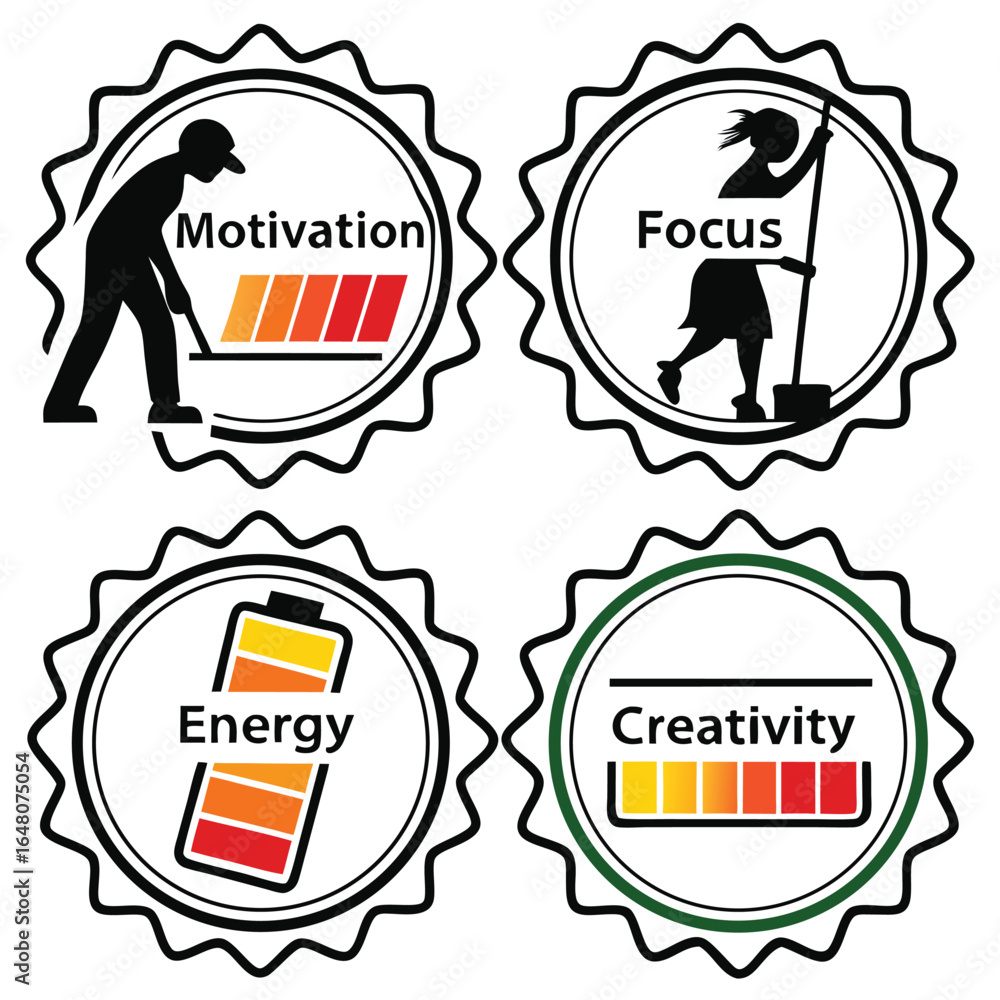 Productivity level meter stickers featuring empty and full battery ...