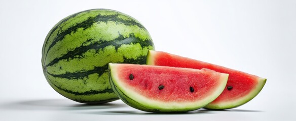 Wall Mural - The Watermelon Whole and Two Slices on White Background with Juicy Red Flesh