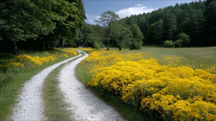 Wall Mural - dirt road runs through a field of yellow flowers. the road is narrow and winding. the scene is peace