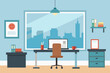 © rakin - Vector illustration of a modern office interior with desks, chairs, computers, and furniture for business design