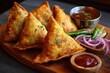 © VolumeThings - Veg Samosa is a spicy crunchy Indian snack shaped like a triangle filled with mashed potatoes peas and spices accompanied by fried green chili onion and chutney or ketchup