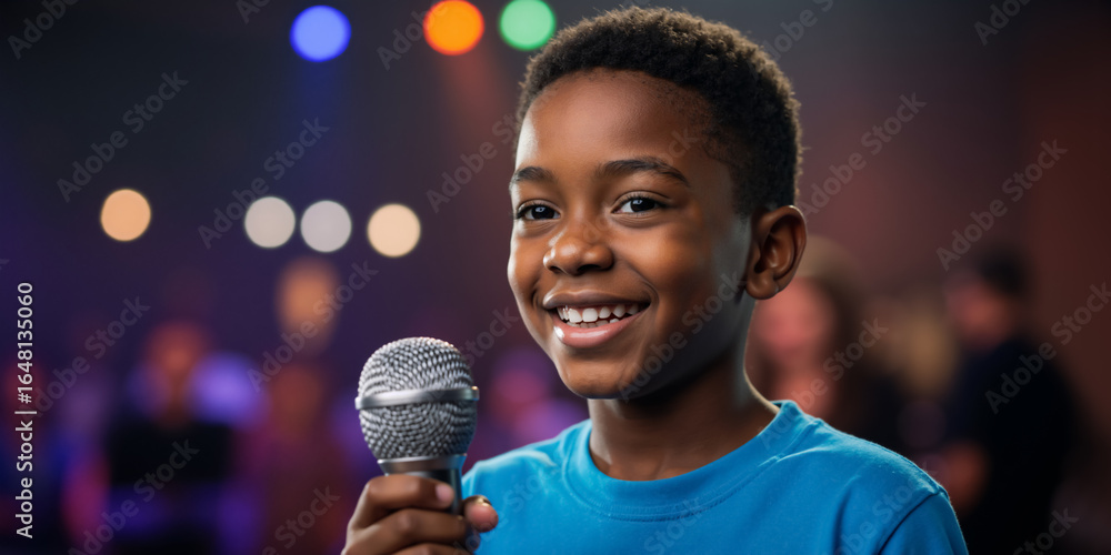 Smiling black boy singing on stage with a microphone. Young performer ...