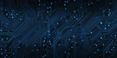 Wall Mural - Abstract technology background in the form of a blue circuit board. microchips and modern technologies. blue lines on a black background.