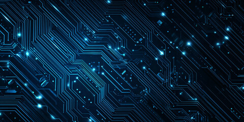 Wall Mural - Abstract technology background in the form of a blue circuit board. microchips and modern technologies. blue lines on a black background.
