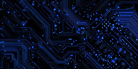 Wall Mural - Abstract technology background in the form of a blue circuit board. microchips and modern technologies. blue lines on a black background.
