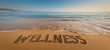 © Studio Nova - The word WELLNESS written in sand on a tranquil beach at sunrise