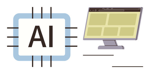 AI chip with circuits next to a monitor screen with grid layout. Ideal for data analysis, AI, computing, automation, innovation, machine learning, technology communications. Simple flat metaphor