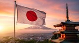 Japan travel destination with flag and pagoda temple near mount fuji at sunrise scenic landscape view