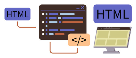 Code editor with syntax-highlighted HTML code, arrow linking to a monitor with webpage layout display. Ideal for web development, technology, programming, coding, design, education, simple flat