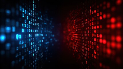 Binary code streams in blue and red converge in a digital display, representing data processing and information technology concepts.