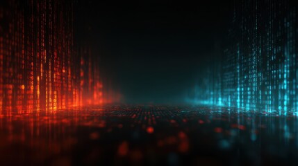Binary code streams in red and blue illuminate a dark, reflective surface, creating a futuristic tech landscape. Data flows, coding visualized.