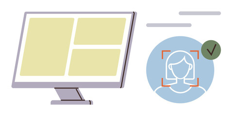 Desktop monitor with multiple panels and face scanning icon with verification checkmark. Ideal for technology, security, biometrics, privacy, authentication, innovation, and automation concepts