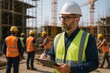 © Bijac - Construction safety manager wearing complete personal protective equipment inspecting active worksite for compliance