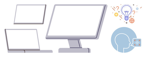 Computer monitor, laptop, tablet, lightbulb with gear icons, and human profile with app interface. Ideal for technology, innovation, creativity, education communication digital transformation