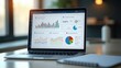 © saranya - Professional social media marketing dashboard on laptop showing Google ads metrics, AI analytics, colorful charts in modern office setup with clean minimalist design
