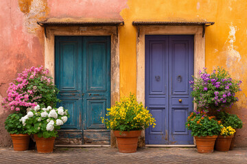  Charming Doors Adorned with Colorful Blooms in An Italian Street, Flowerpots and Charming Entrance