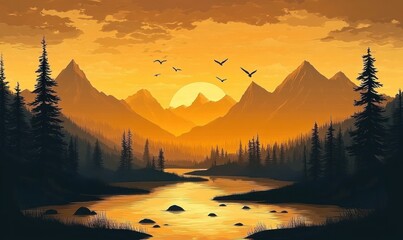 Wall Mural - Serene mountain landscape with a glowing sunset, pine trees along a winding river, and birds flying in the orange sky