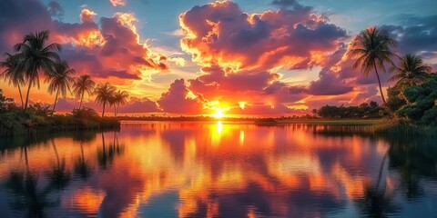 Wall Mural - Vibrant tropical sunset over calm water with silhouetted palm trees and dramatic colorful clouds reflecting in the lake, evoking peaceful and warm atmosphere