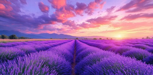 Wall Mural - Vibrant lavender field blooming under dramatic pink and purple sunset sky with distant mountains and trees on horizon