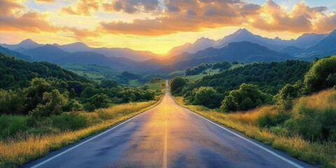 Wall Mural - Empty road leading through lush green hills toward distant mountains under a vibrant golden sunset sky with scattered clouds