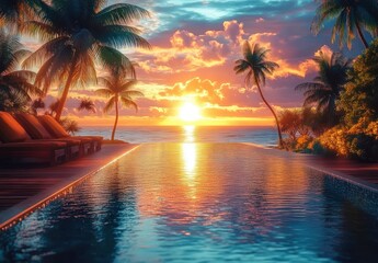 Wall Mural - Sunset over an infinity pool surrounded by palm trees with lounge chairs along the side, creating a tranquil tropical beach atmosphere