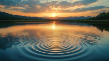 Wall Mural - Serene sunset over calm lake with circular ripples reflecting colorful sky and distant hills under soft clouds