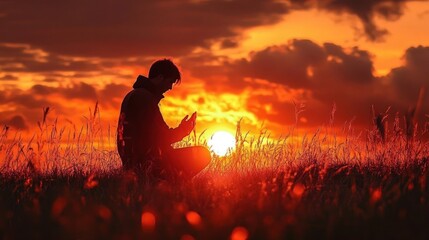 Wall Mural - Person sitting alone in a field of tall grass during a vibrant orange and red sunset with glowing clouds and warm lighting