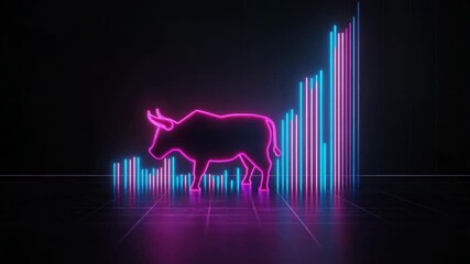 Wall Mural - neon bull symbolizing stock market growth with vibrant colorful graphs in the background